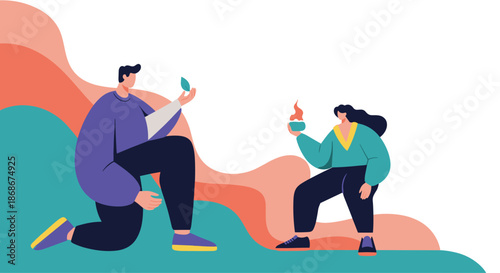 Conceptual illustration of a man and woman holding a symbolic green leaf and small fire in an abstract artistic environment.