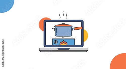 Laptop computer displaying a digital cooking lesson with a blue pot steaming on a stove with a bright flame.