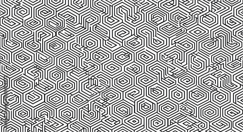 Complex black and white geometric pattern composed of interlocking hexagonal and linear shapes creating a textured labyrinth effect.
