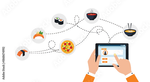 User hands ordering various food items like pizza, sushi, and noodles using a mobile app on a digital tablet device.