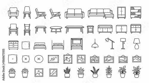 Vector Furniture and Decor Icon Set – Line Art Illustrations of Home Essentials for Interior Design, Catalogs, and Lifestyle UI Themes