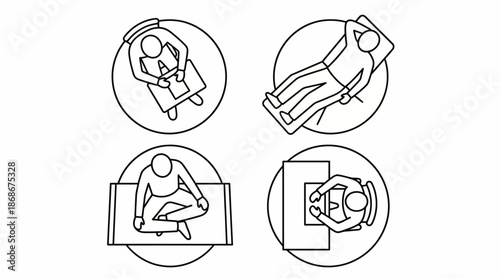 Vector Seated and Reclining Pose Set – Minimalist Top-Down Human Figures for Ergonomic, Relaxation, and Lifestyle Design Themes