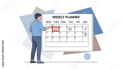 Man marking email on weekly planner, planning schedule, time management concept