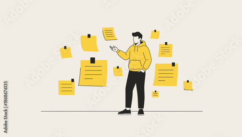 Man Planning Ideas on Sticky Notes Wall, Creative Thinking and Brainstorming Concept