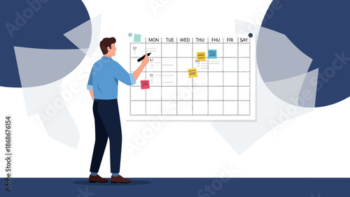 Man planning on a large calendar board with sticky notes, project management concept