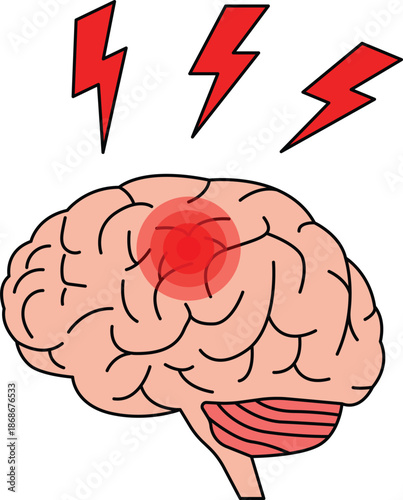 cartoon brain with red spot and lightning bolts