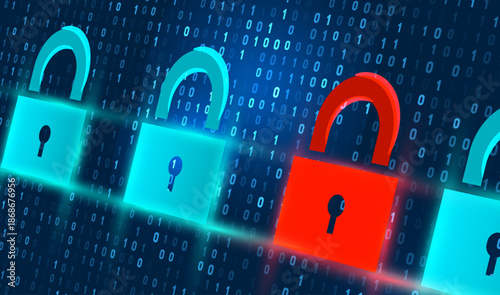 Cybersecurity Breach Concept with Binary Code 0, 1  Red Unlocked Padlock