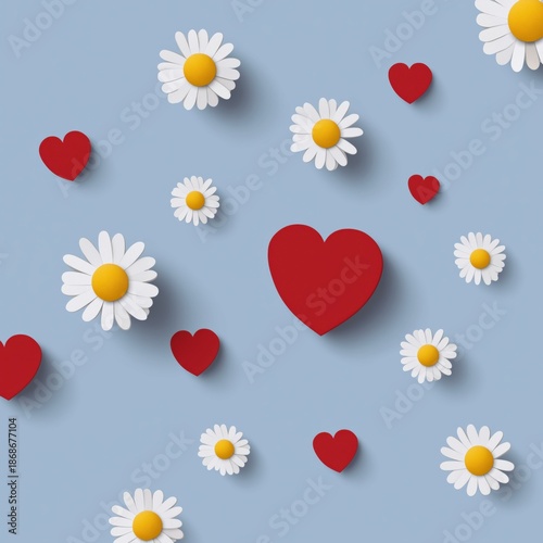 Red hearts and white daisies pattern on light blue background
