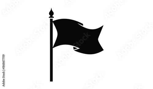 A simple black flag waving gently in the wind depicted as a silhouette against a plain white background is shown