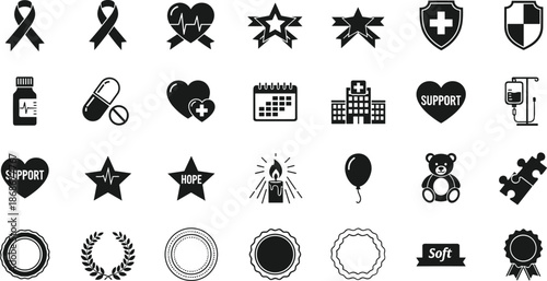 Collection of black medical and support icons for healthcare and awareness campaigns