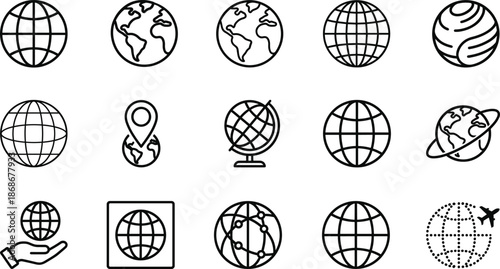 Earth globe icon collection with world map location travel network planet geography symbols modern outline vector illustration set