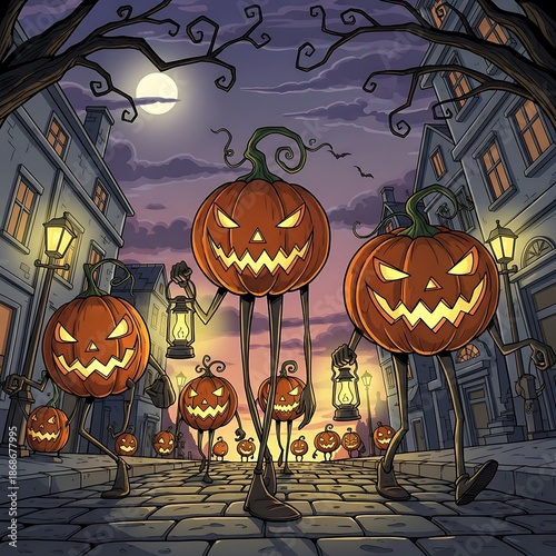 Sinister pumpkin-headed figures with thin black limbs parade through a mysterious old town street decorated for a dark Halloween.