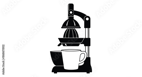 A striking black and white illustration depicts a juicer with a cup a bold silhouette