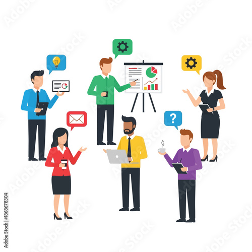 A group of business professionals collaborating and presenting data on a whiteboard in a modern office environment from a frontal viewpoint.