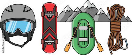 Snowboarding helmet snowboard canoe rope equipment.