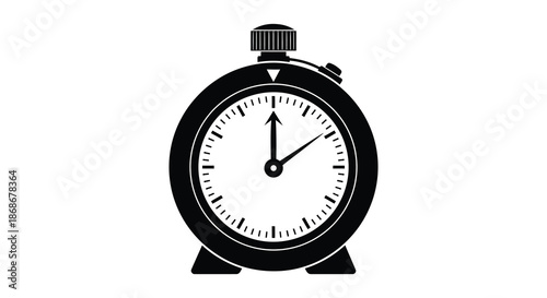 A striking black and white image depicting a classic stopwatch design in a bold silhouette