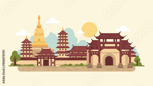 Traditional Asian Temple Complex Architecture Style.