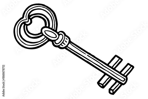 Hand Drawn Antique Key Vector – Vintage Skeleton Key Line Art for Locksmith Logo Design