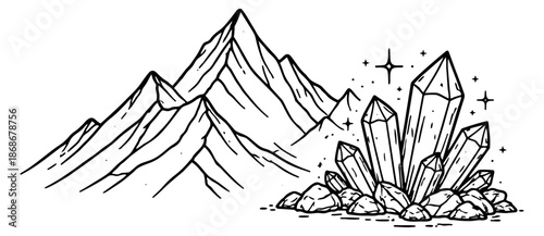 Hand drawn line art landscape elements set featuring mountains and sparkling crystals for nature adventures and mystical designs