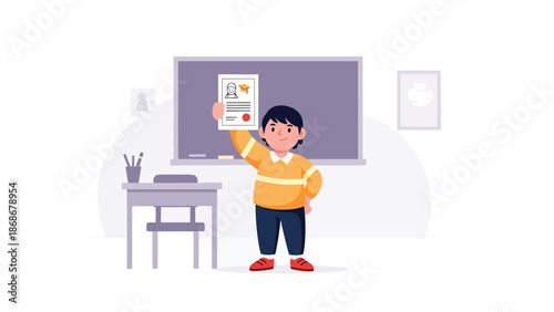 Flat vector illustration of a proud child holding an achievement, ideal for education posters, motivation materials, and self-growth content