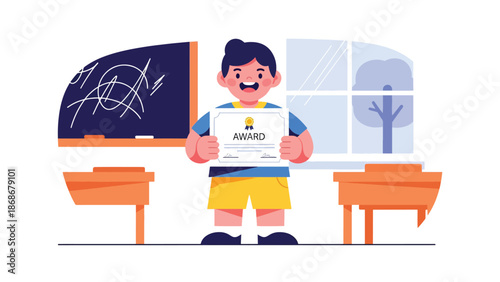 Flat vector illustration of a proud child holding an achievement, ideal for education posters, motivation materials, and self-growth content
