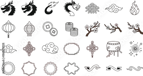 Collection of traditional Chinese New Year icons and symbols