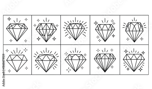 A grid of nine identical diamond illustrations each outlined in black with sparkling starburst effects is displayed against a white background