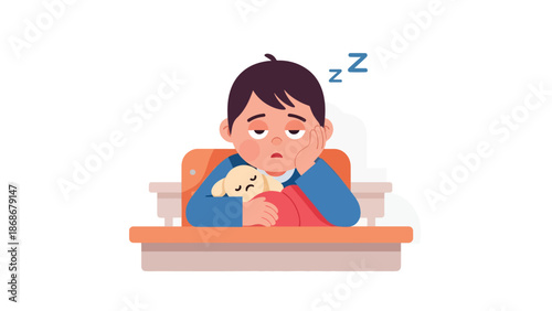 Modern flat illustration of a sleepy child in classroom, ideal for bedtime content, parenting education, and emotional expression materials