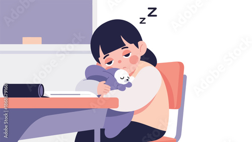 Modern flat illustration of a sleepy child in classroom, ideal for bedtime content, parenting education, and emotional expression materials