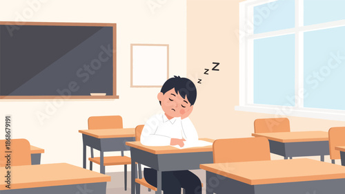Modern flat illustration of a sleepy child in classroom, ideal for bedtime content, parenting education, and emotional expression materials