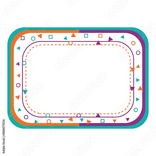 A colorful illustration of a rectangular frame with rounded corners and various shapes on a white background