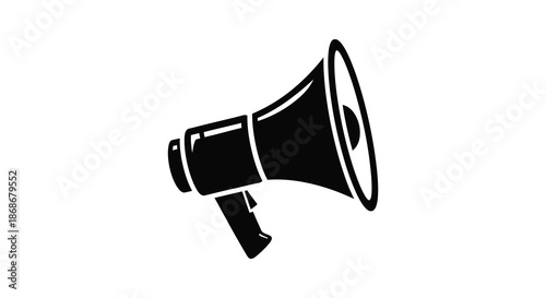 A striking black and white illustration depicts a classic megaphone design in a bold silhouette