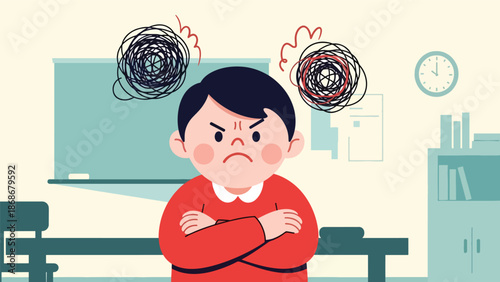 Modern flat illustration of a frustrated child with expressive gestures, ideal for emotional learning visuals, behavior guides, and parenting resources