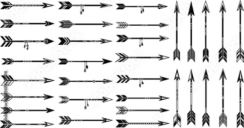 Collection of unique and diverse arrows with various designs on white background