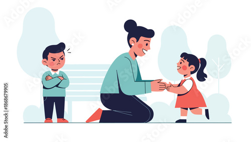 Modern flat illustration of a jealous child with crossed arms, ideal for emotional learning charts, behavior materials, and educational visuals