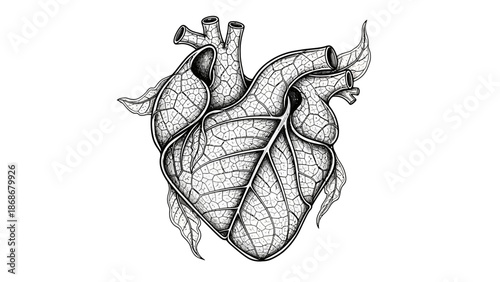 Detailed anatomical heart illustration with leafy texture and veins