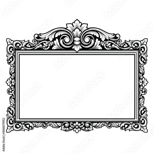 An ornate black and white picture frame with intricate floral designs and scrollwork