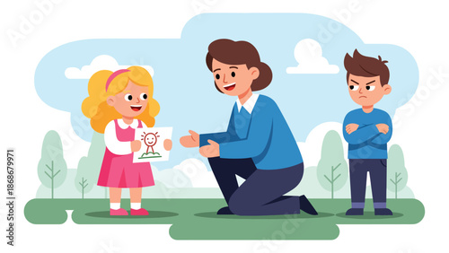 Modern flat illustration of a jealous child with crossed arms, ideal for emotional learning charts, behavior materials, and educational visuals