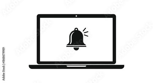 a laptop screen displaying a black bell notification symbol conveying alerts and important messages silhouette