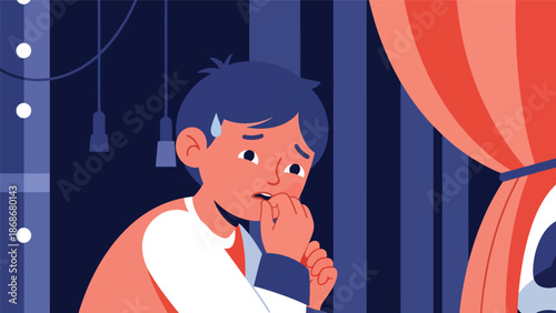 Modern flat illustration of a nervous child in backstage with subtle gestures, ideal for emotional education, mental health awareness, and parenting guides