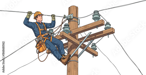 Lineman Working on Power Lines Utility Pole.