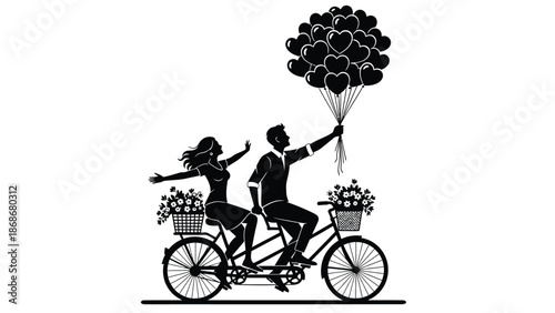 Romantic couple riding a tandem bicycle with heart balloons, celebrating love and togetherness