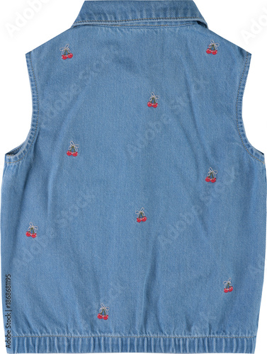 Blue denim vest with embroidered sailboats on the back isolated on transparent background