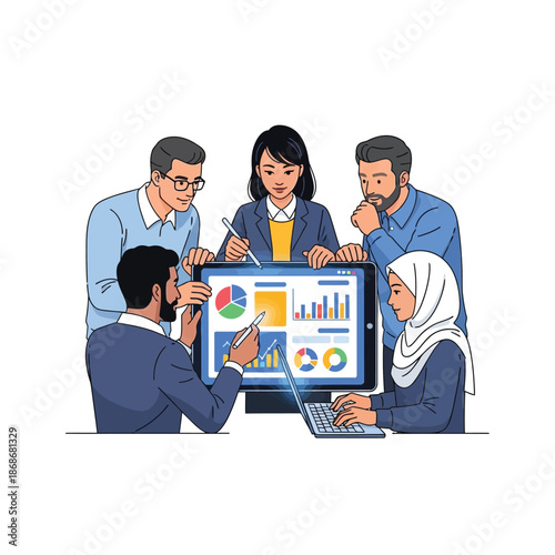 A group of professionals analyzing data on a large screen in a collaborative work environment from a slightly elevated viewpoint
