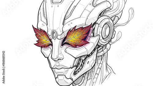 Cyborg face with vibrant autumn leaves for eyes in futuristic design
