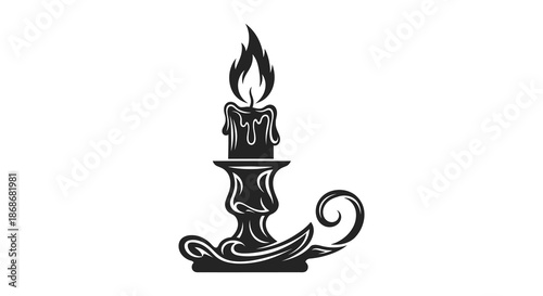 An elegant black and white illustration of a burning candle with ornate details a captivating silhouette
