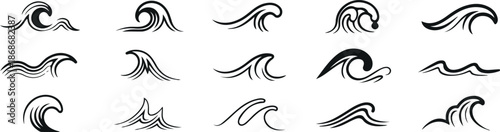 Collection of stylized black wave designs arranged in a grid pattern