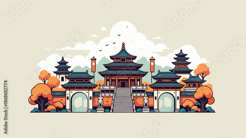 Traditional Chinese Temple Architecture Illustration.