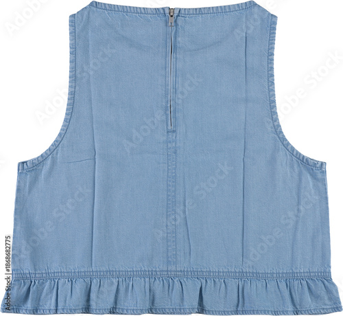 Stylish denim sleeveless top with ruffled hem and back zipper isolated on transparent background