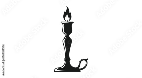 A striking black silhouette of an ornate candlestick with a glowing flame atop it silhouette